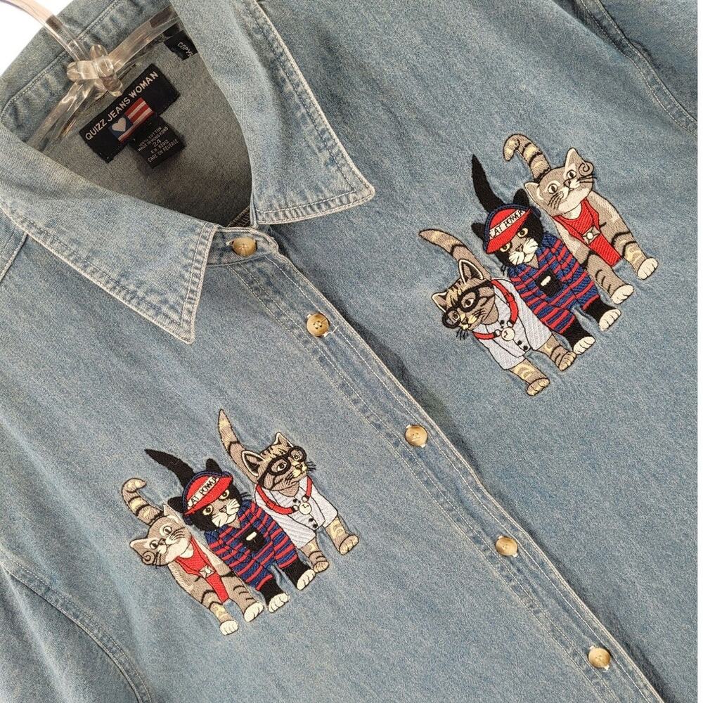 Quiz Jeans Denim Cat Blouse Blue Embroidered‎ Button Up Vintage Cute